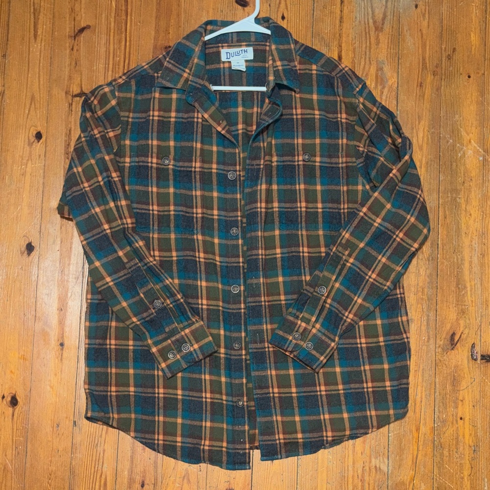 Duluth Trading Co Green & Brown Plaid Long-Sleeve Button Shirt